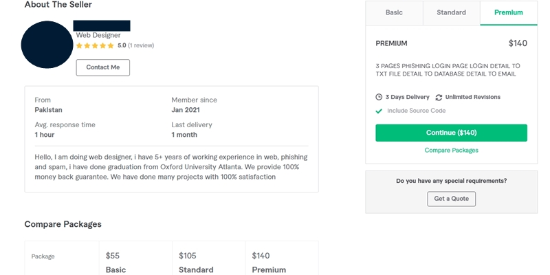 A Fiverr account offering to develop customized phishing kits.