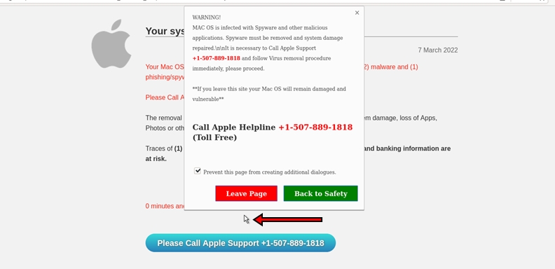 A Fake AV scam targeting Apple users, rendering a fake mouse pointer.
